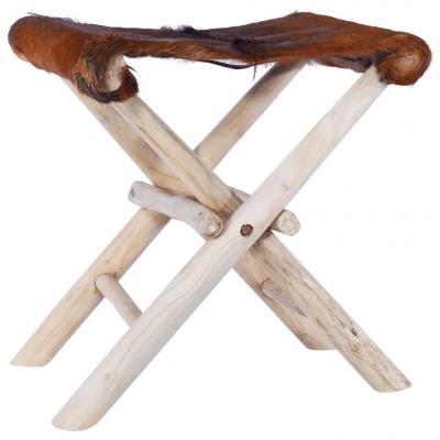 Emaga vidaxl składany stołek, skóra naturalna i lite drewno tekowe