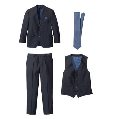 Garnitur 4-częściowy (marynarka, spodnie, kamizelka i krawat) bonprix ciemnoniebiesko-niebieski