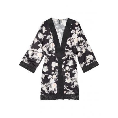 Szlafrok kimono satynowy bonprix czarny w kwiaty