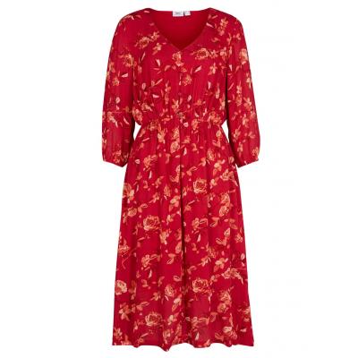 Sukienka midi z dekoltem w serek i plisą guzikową bonprix czerwony w kwiaty