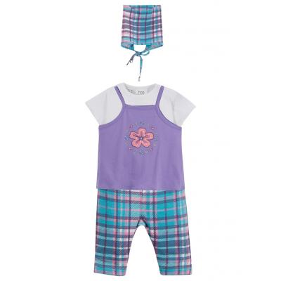 Sukienka niemowlęca + koszulka + legginsy + chustka  (4 części), bawełna organiczna bonprix jasny lila w kratę