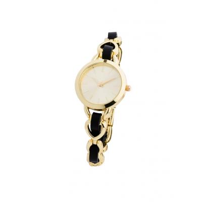 Zegarek na rękę na metalowej bransoletce ze sztuczną skórą bonprix złocisto-czarny