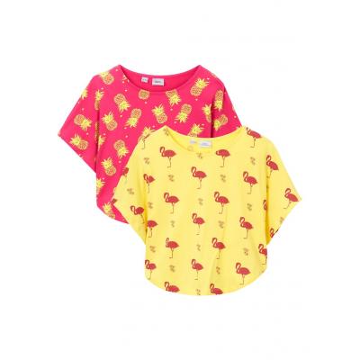 Shirt plażowy dziewczęcy (2 szt.) bonprix jasna limonka - różowy hibiskus