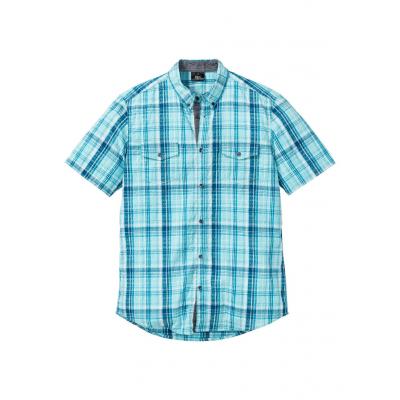Koszula z kory w kratę, krótki rękaw bonprix turkusowo-niebieski w kratę