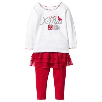 Shirt niemowlęcy bożonarodzeniowy + legginsy z tiulową wstawką (2 części), bawełna organiczna bonprix biel wełny - czerwony