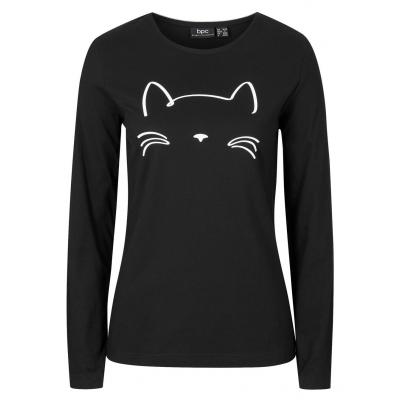 Shirt z długim rękawem i nadrukiem z motywem kota bonprix czarny z nadrukiem