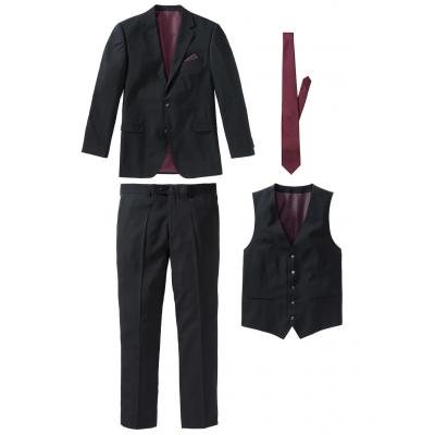 Garnitur 4-częściowy (marynarka, spodnie, kamizelka i krawat) bonprix czarno-bordowy