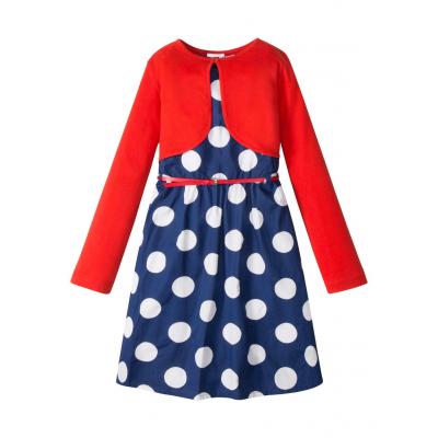 Sukienka dziewczęca + pasek + bolerko (3 części) bonprix niebiesko-biały w kropki - czerwony