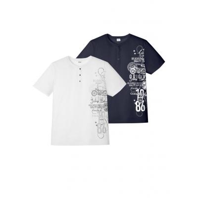 Shirt z dekoltem henley i krótkim rękawem (2 szt.) bonprix ciemnoniebieski + biały