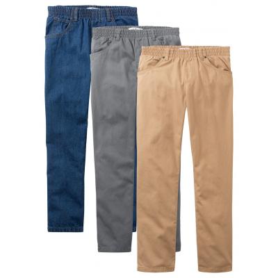 Luźniejsze spodnie chłopięce z gumką w talii (3 pary w opak.) bonprix dymny szary + niebieski "stone" + cappuccino