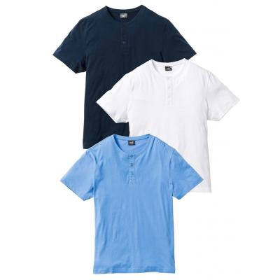 Shirt z dekoltem henley (3 szt.) bonprix niebieski + biały + ciemnoniebieski