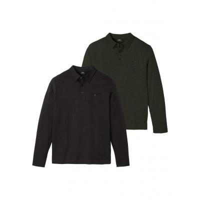 Shirt polo, długi rękaw (2 szt.) bonprix nocny oliwkowy - czarny