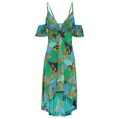 Sukienka cold-shoulder z nadrukiem bonprix ciemnożółto-niebieski oceaniczny - zieleń trawy wzorzysty
