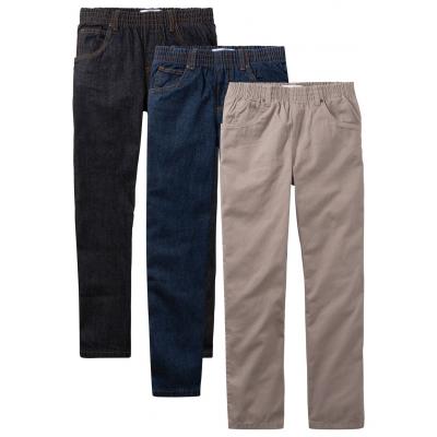 Luźniejsze spodnie chłopięce z gumką w talii (3 pary w opak.) bonprix czarny "stone" + ciemnoniebieski "stone" + brunatny