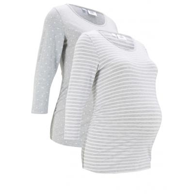 Shirt ciążowy z nadrukiem (2 szt.), rękawy 3/4, bawełna organiczna bonprix jasnoszary melanż w paski i w kropki