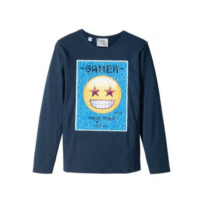 Shirt chłopięcy z długim rękawem i motywem emoji z obracanych cekinów bonprix ciemnoniebieski