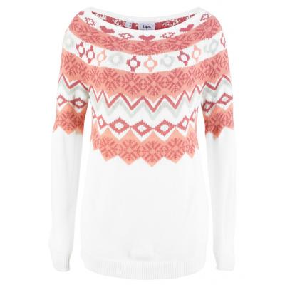 Sweter w norweski wzór bonprix biel wełny wzorzysty