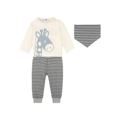 Shirt niemowlęcy + spodnie + chusta trójkątna (3 części), bawełna organiczna bonprix kremowo-szary melanż - antracytowy melanż