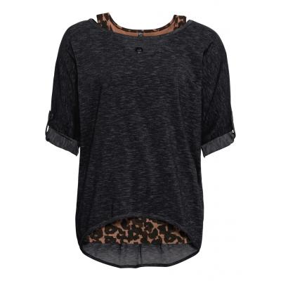 Shirt z topem na szerokich ramiączkach (2 części) bonprix jasnoszary melanż - czarny leo