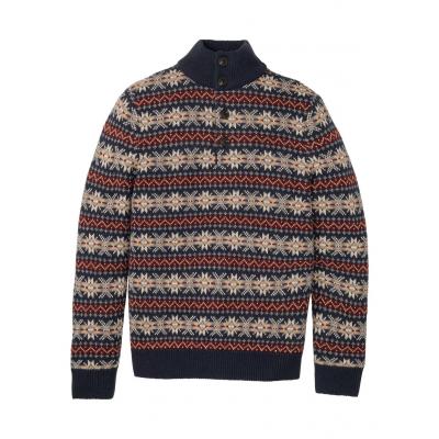 Sweter w norweski wzór, z plisą guzikową bonprix ciemnoniebiesko-ciemnoczerwony wzorzysty