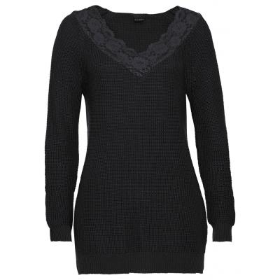 Sweter z koronką w dekolcie bonprix czarny