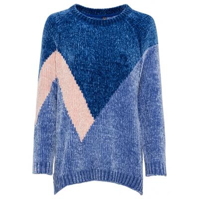 Sweter z szenili bonprix błękitno-jasnoróżowo-niebieski polarny wzorzysty