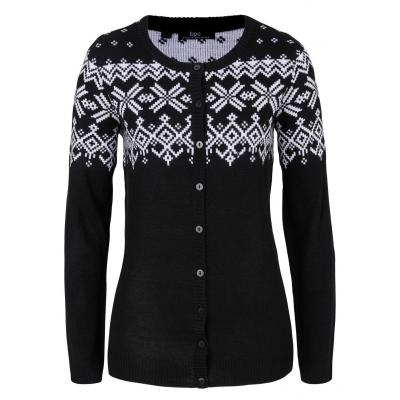 Sweter rozpinany z szerokimi rękawami, w norweski wzór bonprix czarno-biały
