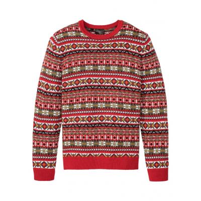Sweter w norweski wzór, z wełną bonprix czerwony w norweski wzór