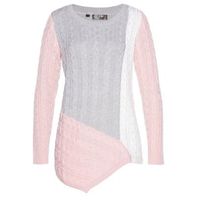 Sweter  w warkocze bonprix pastelowy jasnoróżowy - jasnoszary melanż - biel wełny