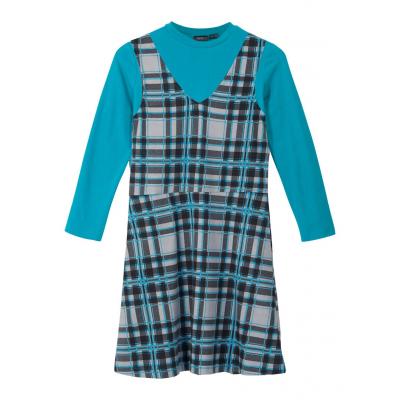 Shirt dziewczęcy z golfem + sukienka (2 części) bonprix jasnoszary melanż - czarno-ciemnoturkusowy