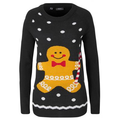 Sweter bożonarodzeniowy z motywem piernika bonprix czarny wzorzysty