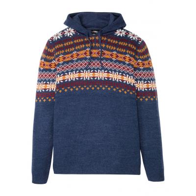 Sweter w norweski wzór z kapturem bonprix niebieski