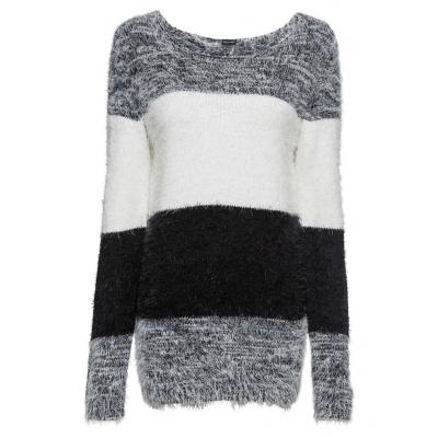Sweter z przędzy z długim włosem w paski bonprix czarno-biały w paski