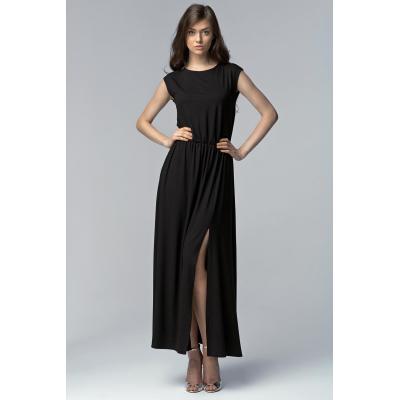 Czarna efektowna maxi sukienka z długim rozporkiem