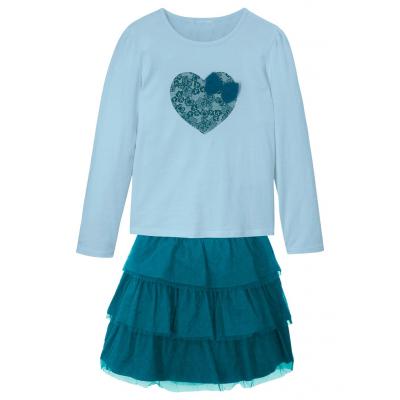 Shirt dziewczęcy + tiulowa spódnica (2 części) bonprix niebiesko-morski-turkusowy