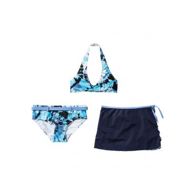 Bikini dziewczęce + spódniczka (3 części) bonprix niebiesko-biały batikowy