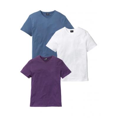 T-shirt z dekoltem w serek (3 szt.) bonprix jagodowy + niebieski dżins + biały