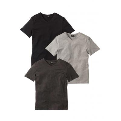 T-shirt z dekoltem w serek (3 szt.) bonprix antracytowy melanż + jasnoszary melanż + czarny
