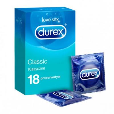 Durex Classic, prezerwatywy ze środkiem nawilżającym, 18 sztuk.