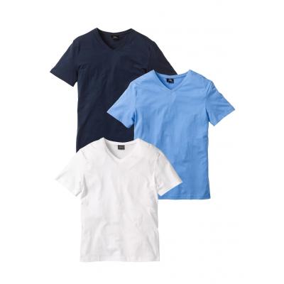 T-shirt z dekoltem w serek (3 szt.) bonprix niebieski + biały + ciemnoniebieski