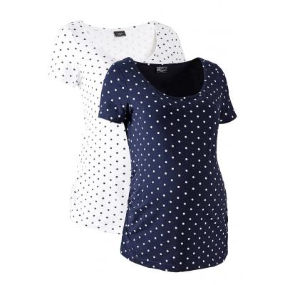 Shirt ciążowy z krótkim rękawem (2 szt.), bawełna organiczna bonprix biały + ciemnoniebieski w kropki
