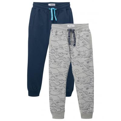 Spodnie dresowe chłopięce (2 pary) bonprix niebieski gładki + szary melanż z nadrukiem
