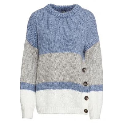 Sweter oversize w paski z guzikami bonprix matowy niebieski melanż - jasnoszary melanż - biały