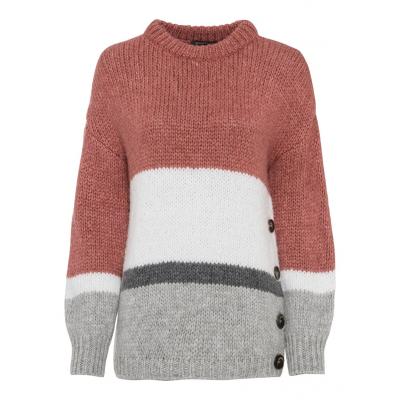 Sweter oversize w paski z guzikami bonprix jasnoróżowo-biało-antracytowy melanż - szary melanż