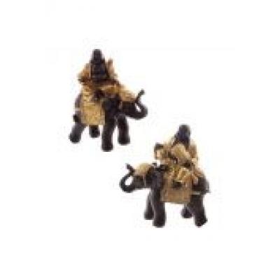 Brązowo-złota figurka grubego buddy jadącego na słoniu