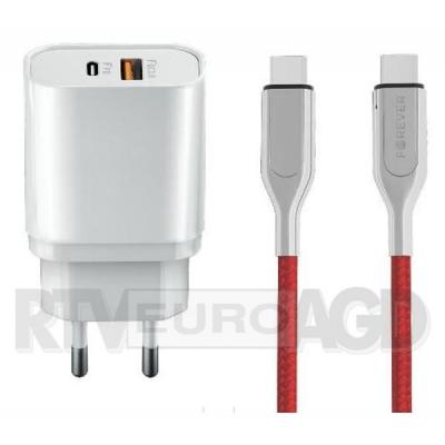 Forever Ładowarka 2x USB-C PD+QC3.0 20W (biały) + kabel USB-C/USB-C PD 60W 1,5m (czerwony)