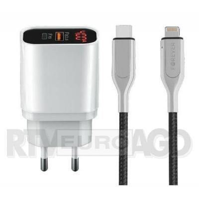 Forever Ładowarka Core 2x USB-C PD+QC3.0 z LCD 20W (biały) + kabel USB-C/Lightning MFI PD 2,4A 1,5m (czarny)