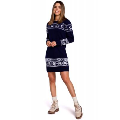 Granatowa prosta swetrowa sukienka ze świątecznym motywem