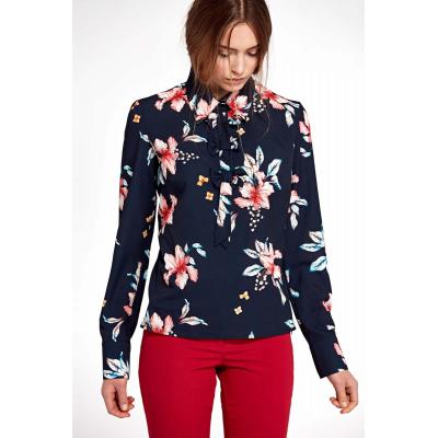 Granatowa kwiatowa nietuzinkowa koszulowa bluzka z kokardkami