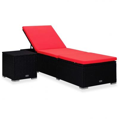 Emaga vidaxl leżak z poduszką i stolikiem, polirattan, czerwony